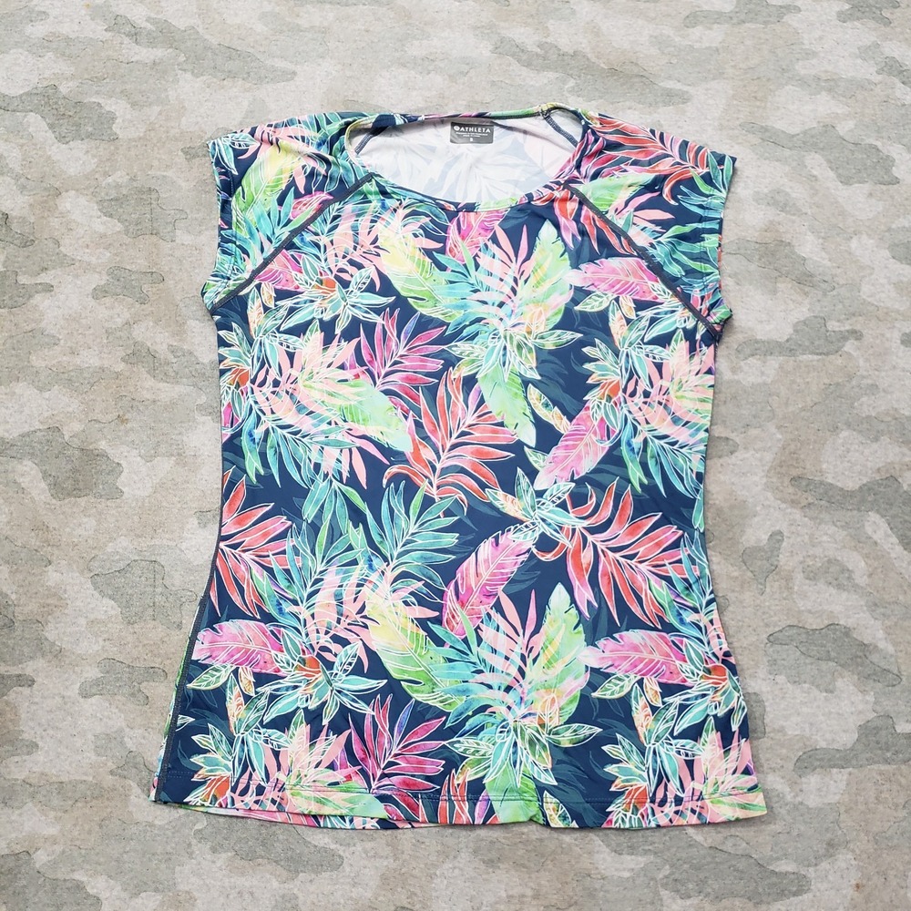 Athleta Top Womens Small Blue Short Sleeve Leaf‎ Print